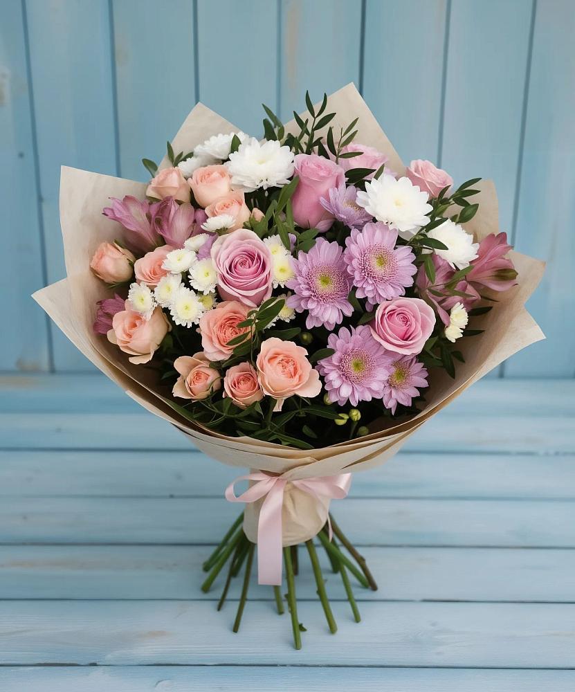 Букет цветов из: Хризантемы, Розы и Альстромерии в Петропавловской Республики Чечня