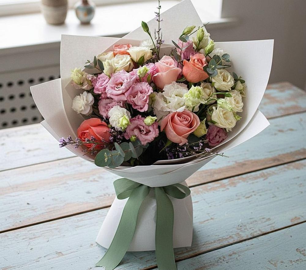 Букет цветов из: Розы, Лизиантусы и Гвоздики в Петропавловской Республики Чечня