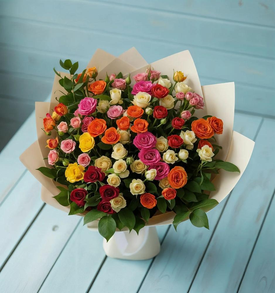 Букет Микс из разноцветных кустовых роз в Петропавловской Республики Чечня