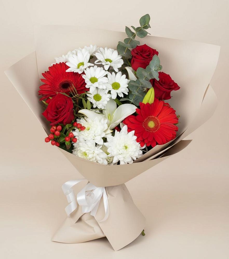 Букет цветов из: Розы, Хризантемы, Герберы и Лилии в Петропавловской Республики Чечня