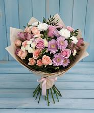 Букет цветов из:  Хризантемы, Розы и Альстромерии в Петропавловской Республики Чечня