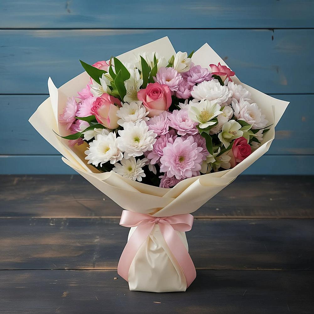 Букет цветов из: Хризантемы, Альстромерии и Розы в Петропавловской Республики Чечня